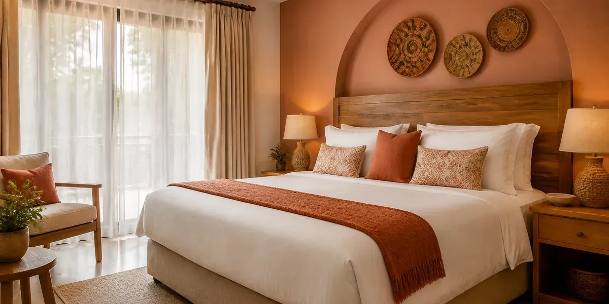 Courtyard Suite bedroom with king bed and warm morning light