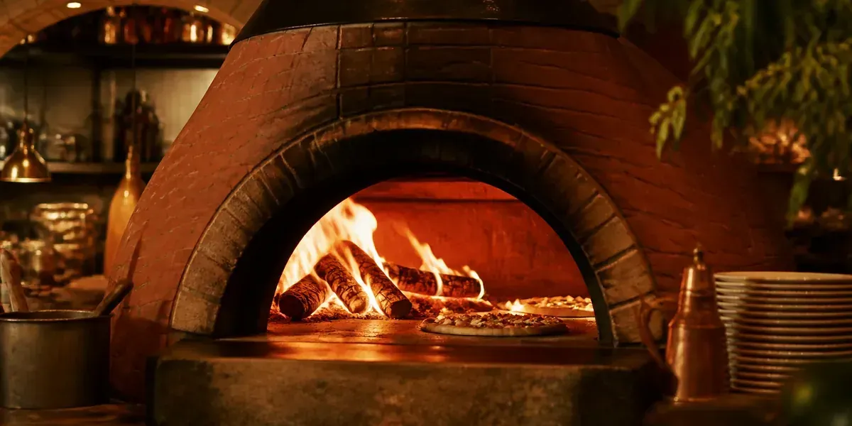 Wood-fired brick oven with glowing embers