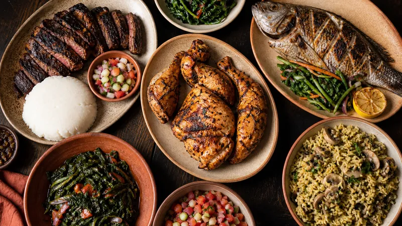 Selection of mains including grilled beef, roasted chicken, lake fish, and mushroom pilau